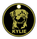Exact round tag with breed face artwork