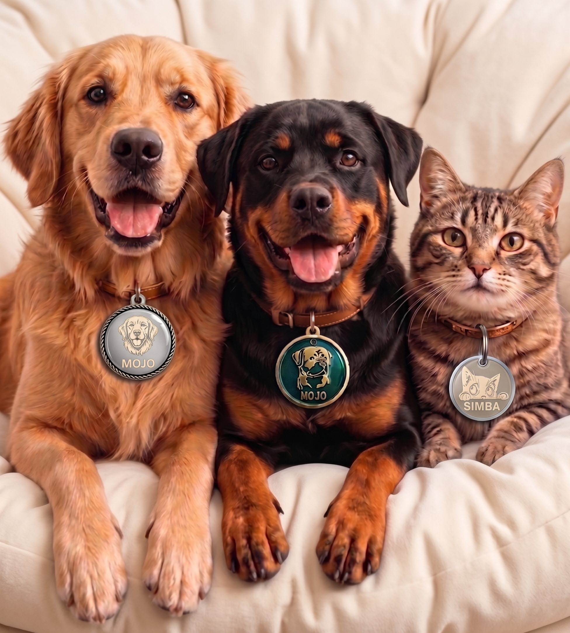 Two dogs and a cat wearing personalised PawTags